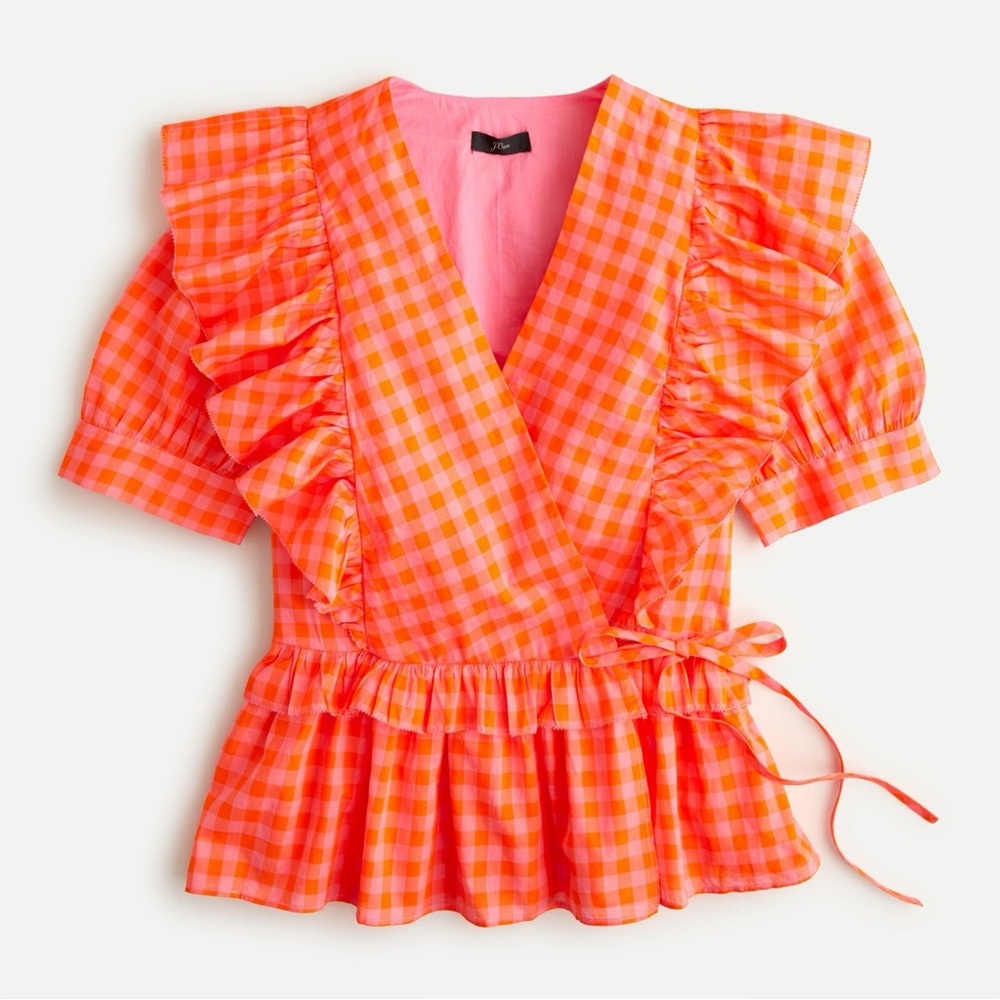 J. Crew Orange Gingham Ruffle Wrap Blouse